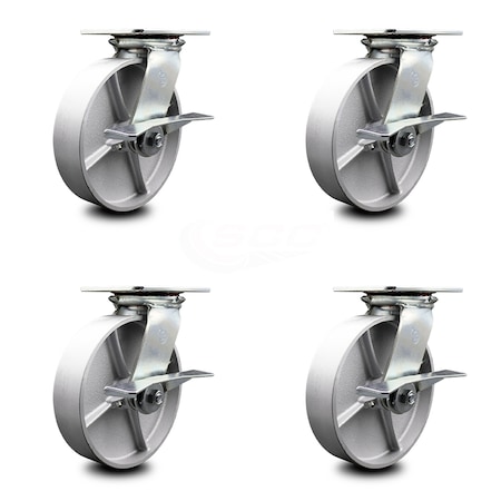 Heavy Duty Large Top Plate Semi Steel Cast Iron Swivel Caster w/Main. Free Bearings Set of 4 w/8" x 2" Silver Wheels - Includes 4 Swivel w/Side Lck Brakes-5000lbs Total Capacity - Service Caster Brand